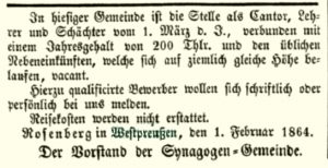 Anzeige Synagogengemeinde Rosenberg Westpreussen
